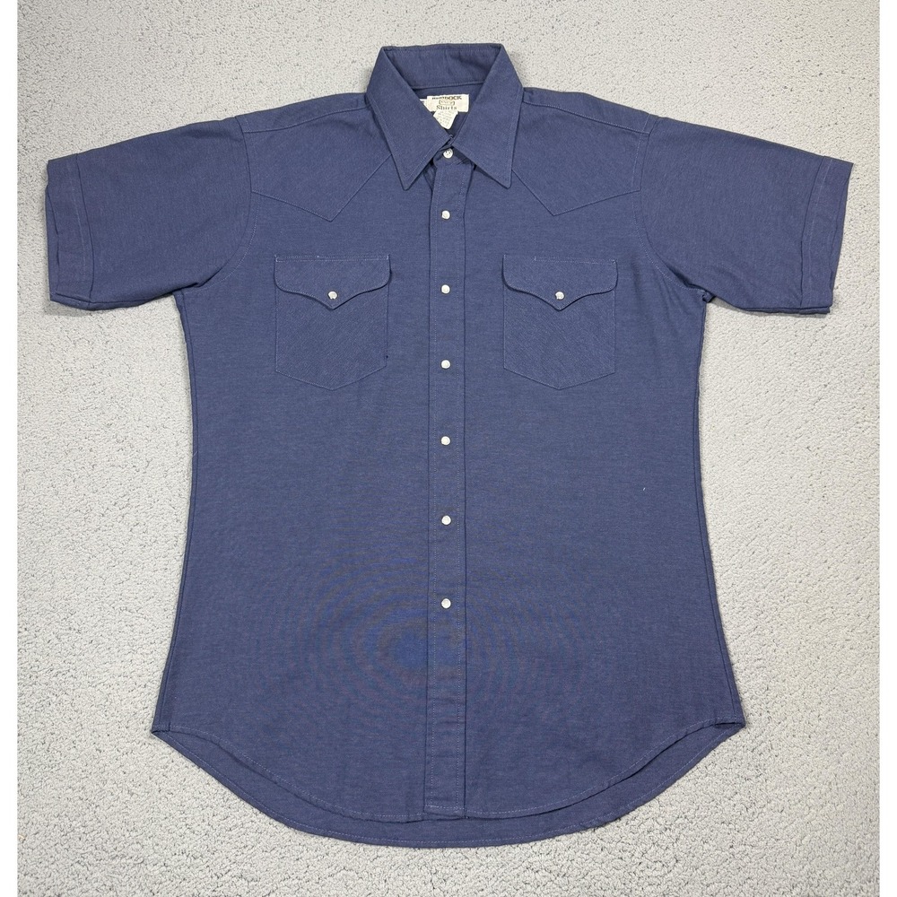 VTG Ruddock Shirt Mens Large Blue Solid Short Sleeve Pearl Snap Western USA
